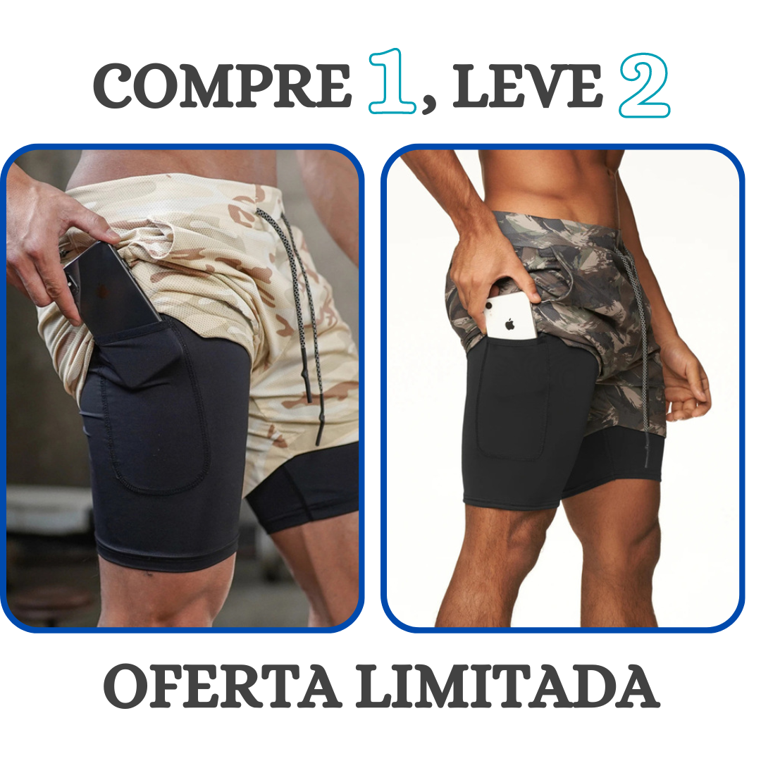 Shorts Masculino 2 em 1 com camada de compressão para corrida Compre 1 leve 2