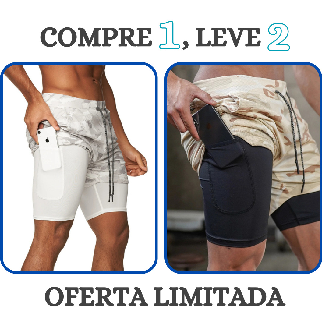 Shorts Masculino 2 em 1 com camada de compressão para corrida Compre 1 leve 2