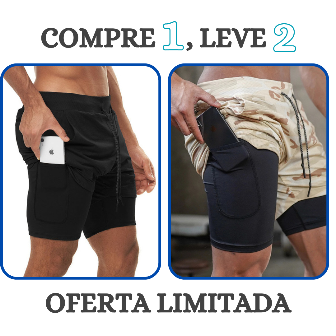 Shorts Masculino 2 em 1 com camada de compressão para corrida Compre 1 leve 2